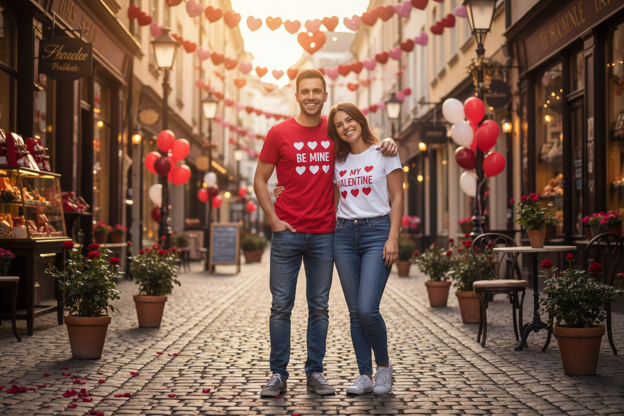 valentines tshirt couple on street